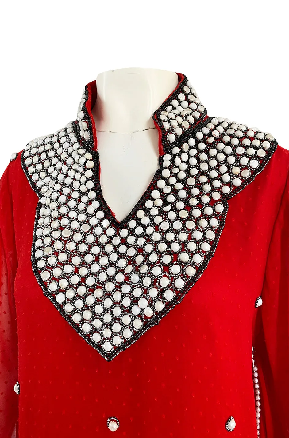 Striking 1970s Red Dotted Chiffon White Beaded Caftan Dress w Kimono Sleeves