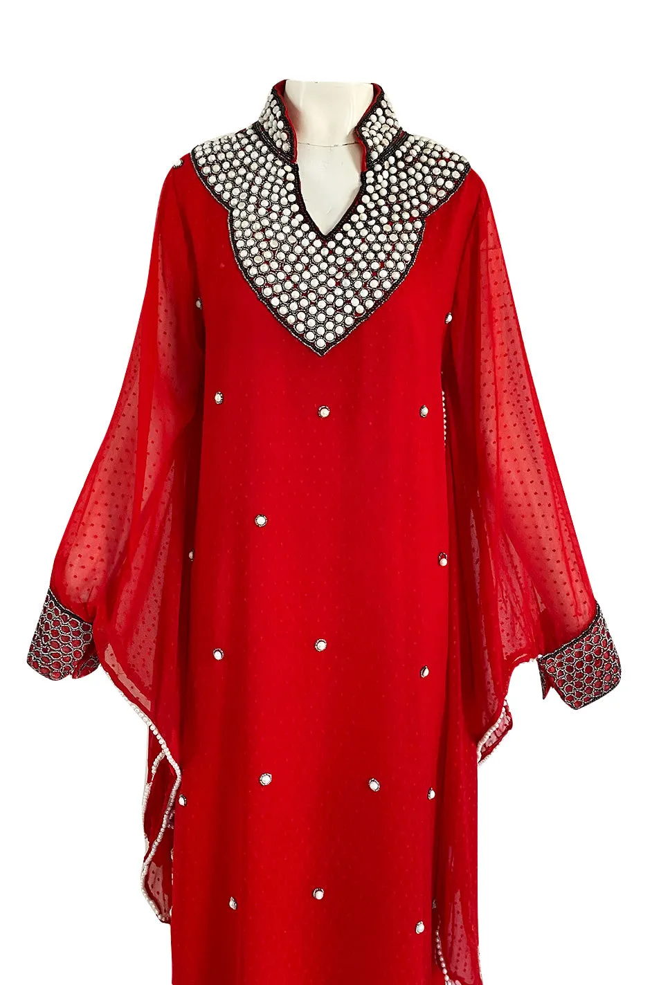Striking 1970s Red Dotted Chiffon White Beaded Caftan Dress w Kimono Sleeves