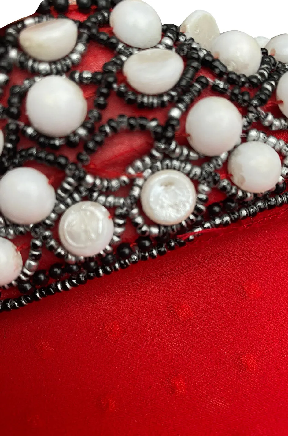 Striking 1970s Red Dotted Chiffon White Beaded Caftan Dress w Kimono Sleeves