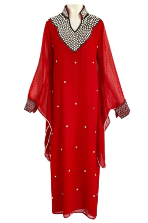 Striking 1970s Red Dotted Chiffon White Beaded Caftan Dress w Kimono Sleeves