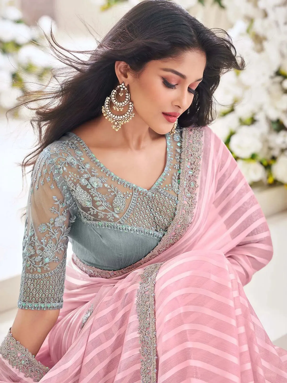 Striking Light Pink Georgette Satin Stripe Party Wear Saree