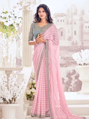 Striking Light Pink Georgette Satin Stripe Party Wear Saree