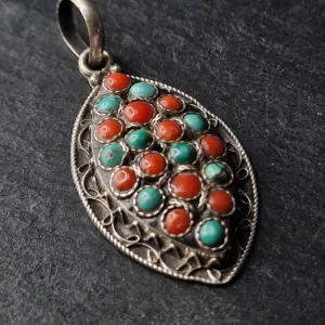 Striking Turquoise and Coral Combo Silver Sterling 925 Pendant
