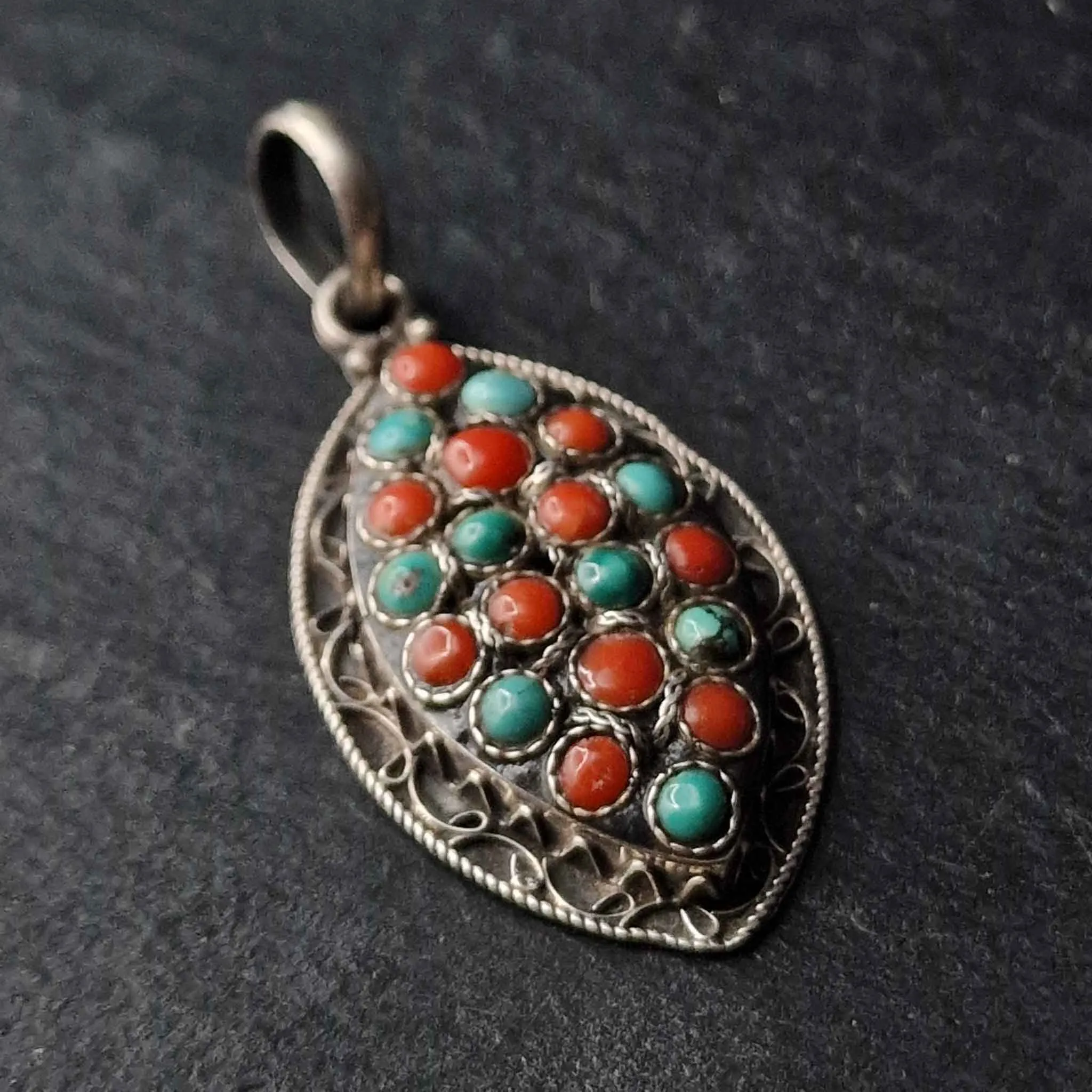 Striking Turquoise and Coral Combo Silver Sterling 925 Pendant