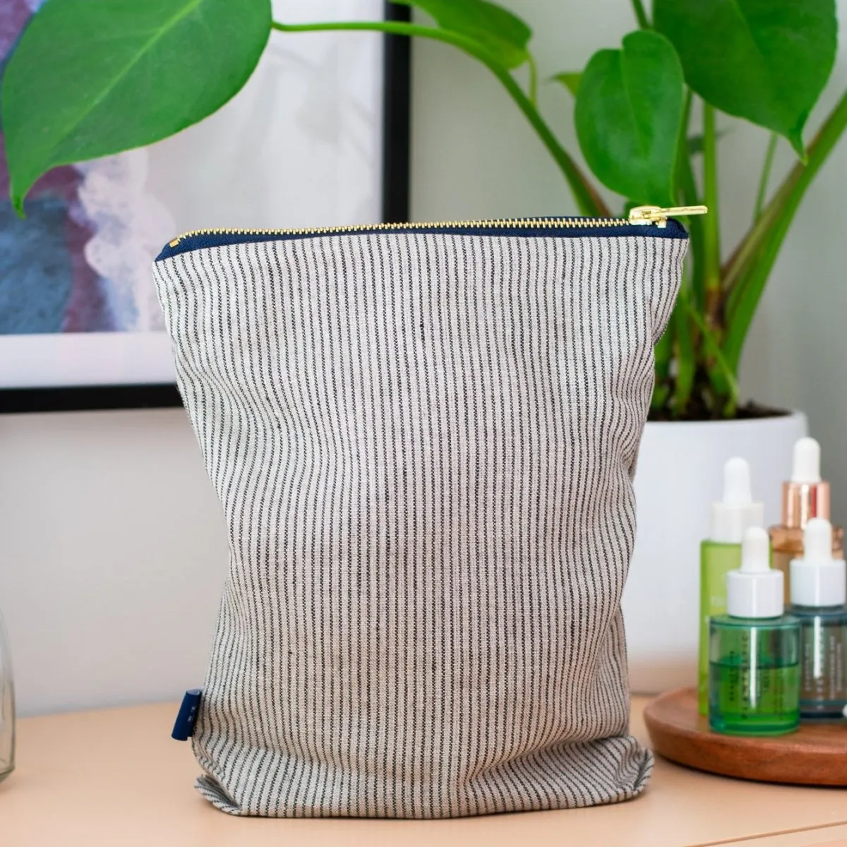 Striped Blue/Natural Linen Toiletry Bag