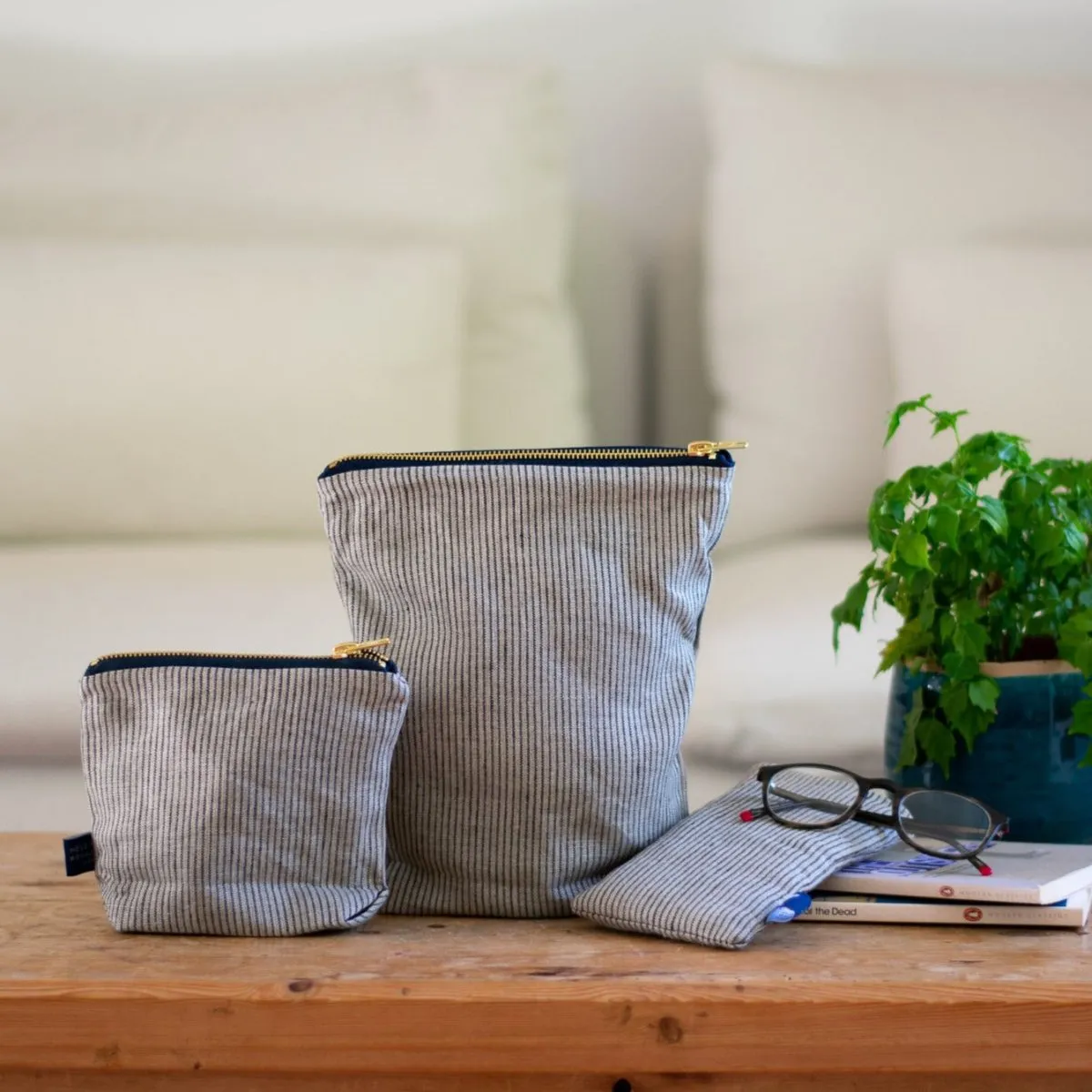 Striped Blue/Natural Linen Toiletry Bag