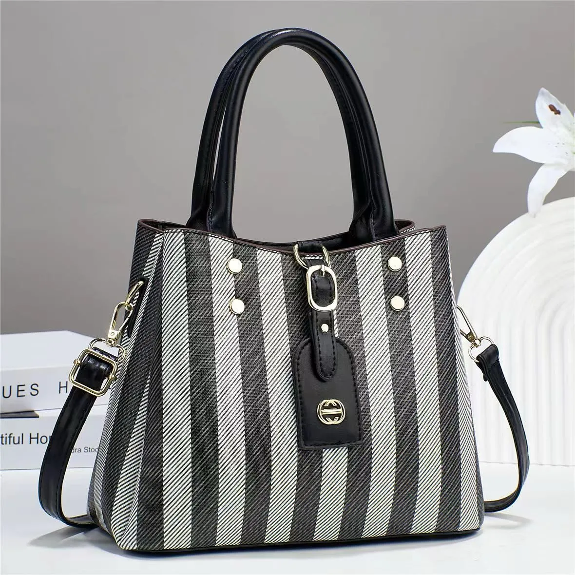 Striped Lambskin Satchel blue and white