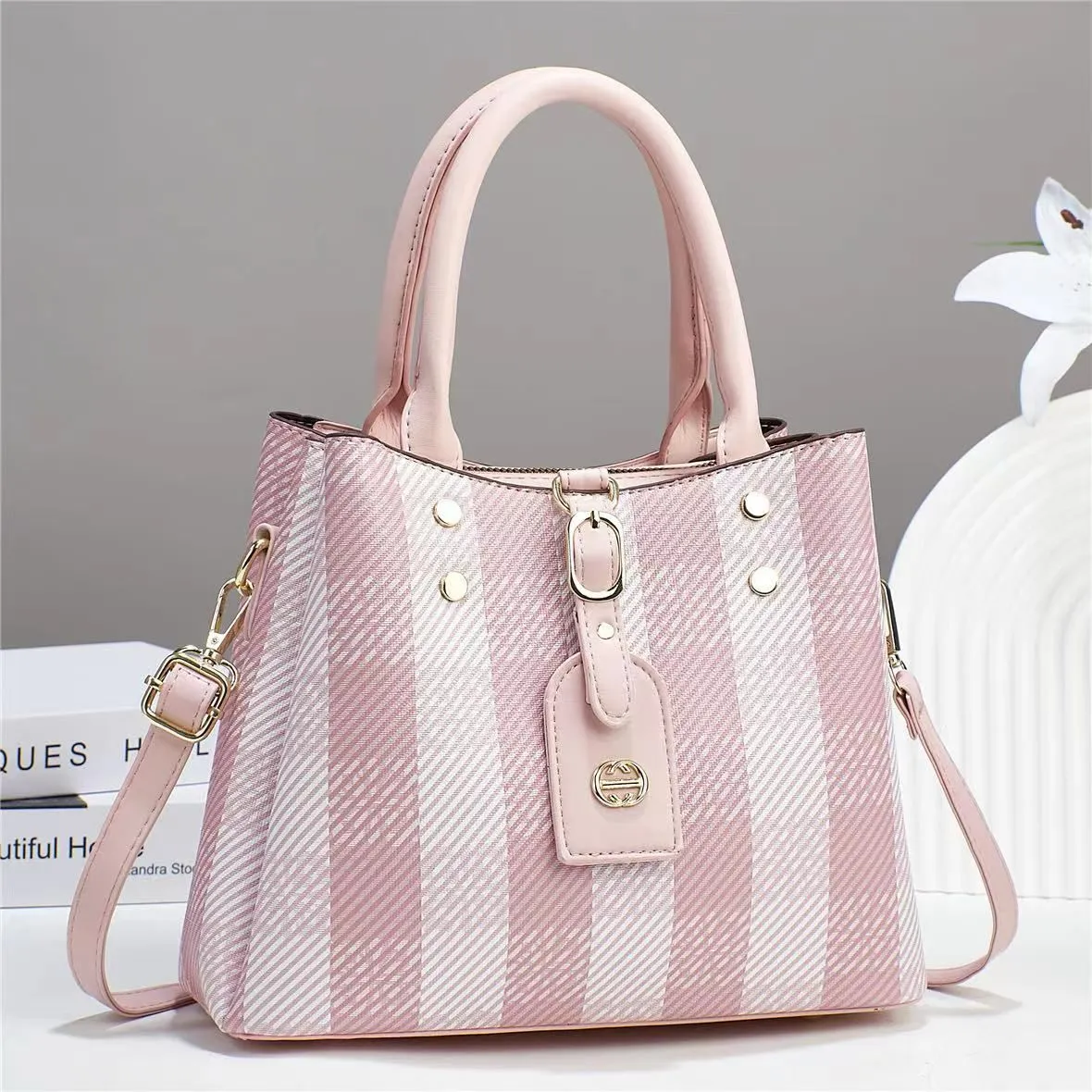 Striped Lambskin Satchel blue and white