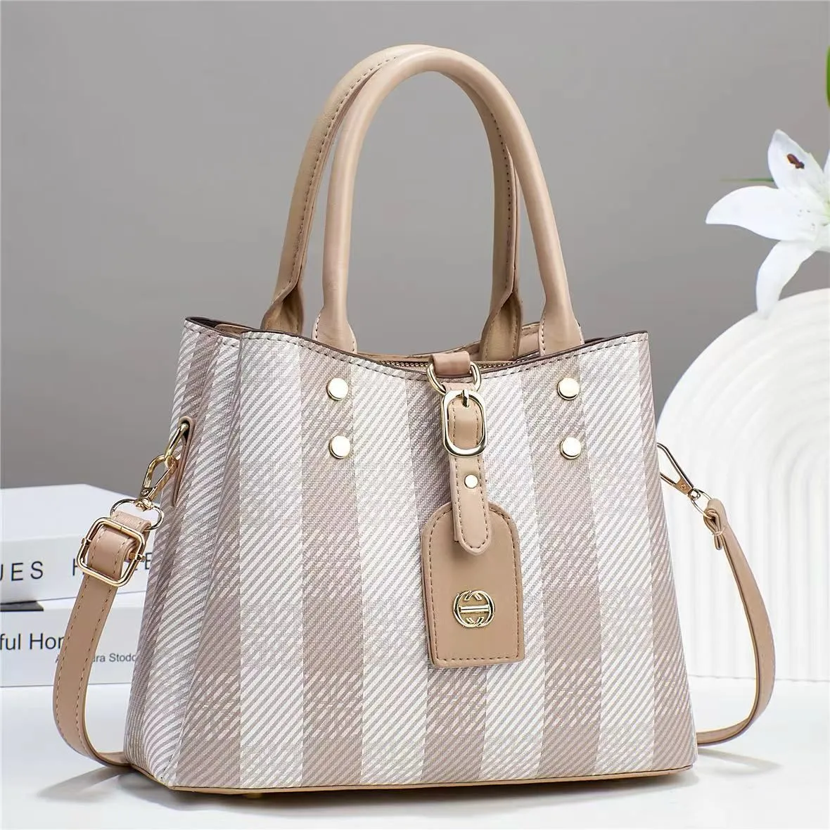Striped Lambskin Satchel blue and white
