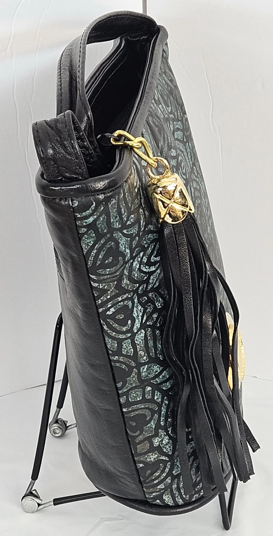 Teal and black print Genuine Leather Handbag.#TR2099TP,Design with (Gold matel coin nero claudius caesar avocer pm tr pimper) Universal Use
