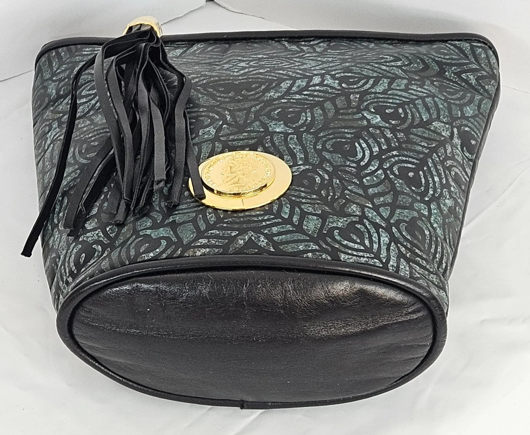 Teal and black print Genuine Leather Handbag.#TR2099TP,Design with (Gold matel coin nero claudius caesar avocer pm tr pimper) Universal Use