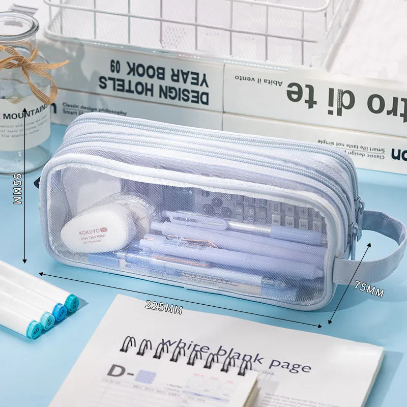 Transparent Mesh Double Zippers Rectangular Pencil Case