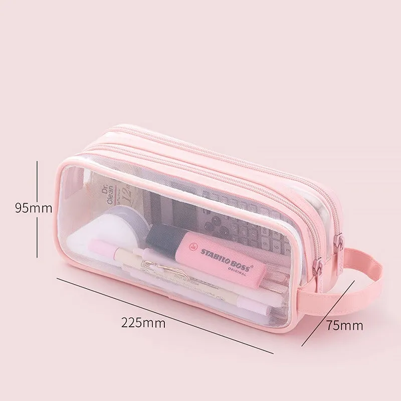 Transparent Mesh Double Zippers Rectangular Pencil Case