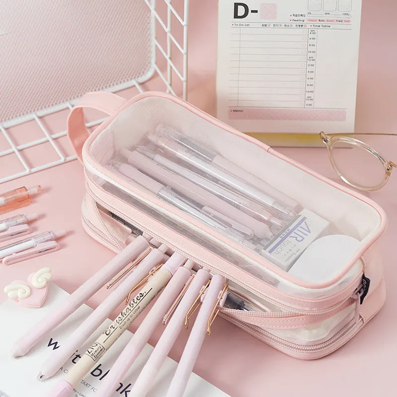 Transparent Mesh Double Zippers Rectangular Pencil Case