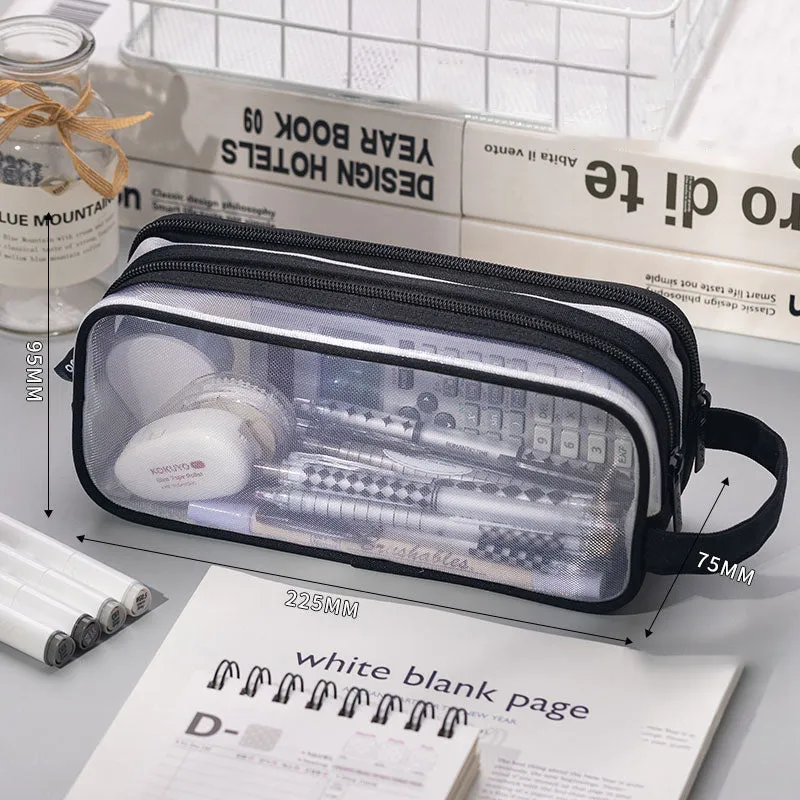 Transparent Mesh Double Zippers Rectangular Pencil Case