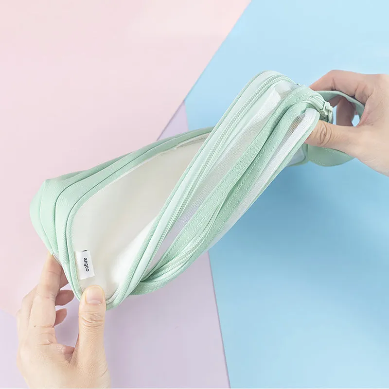 Transparent Mesh Double Zippers Rectangular Pencil Case