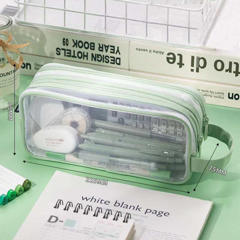 Transparent Mesh Double Zippers Rectangular Pencil Case