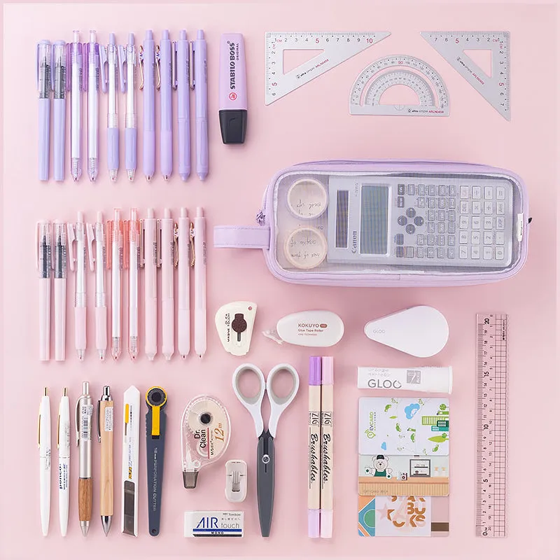 Transparent Mesh Double Zippers Rectangular Pencil Case