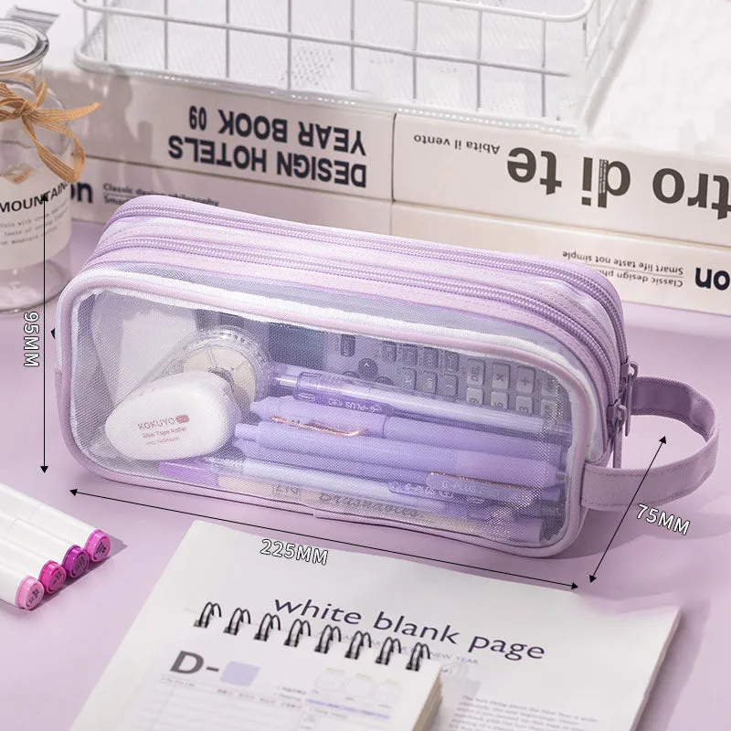 Transparent Mesh Double Zippers Rectangular Pencil Case