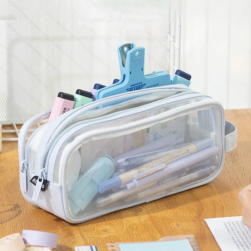 Transparent Mesh Double Zippers Rectangular Pencil Case