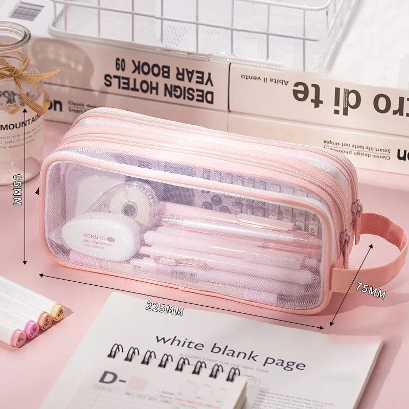 Transparent Mesh Double Zippers Rectangular Pencil Case