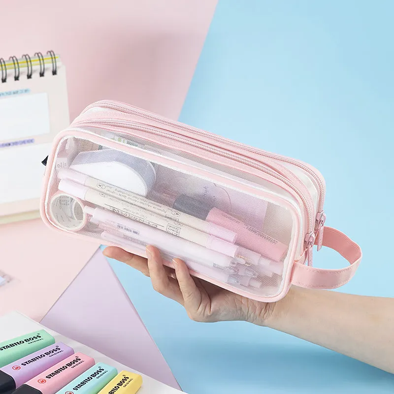 Transparent Mesh Double Zippers Rectangular Pencil Case