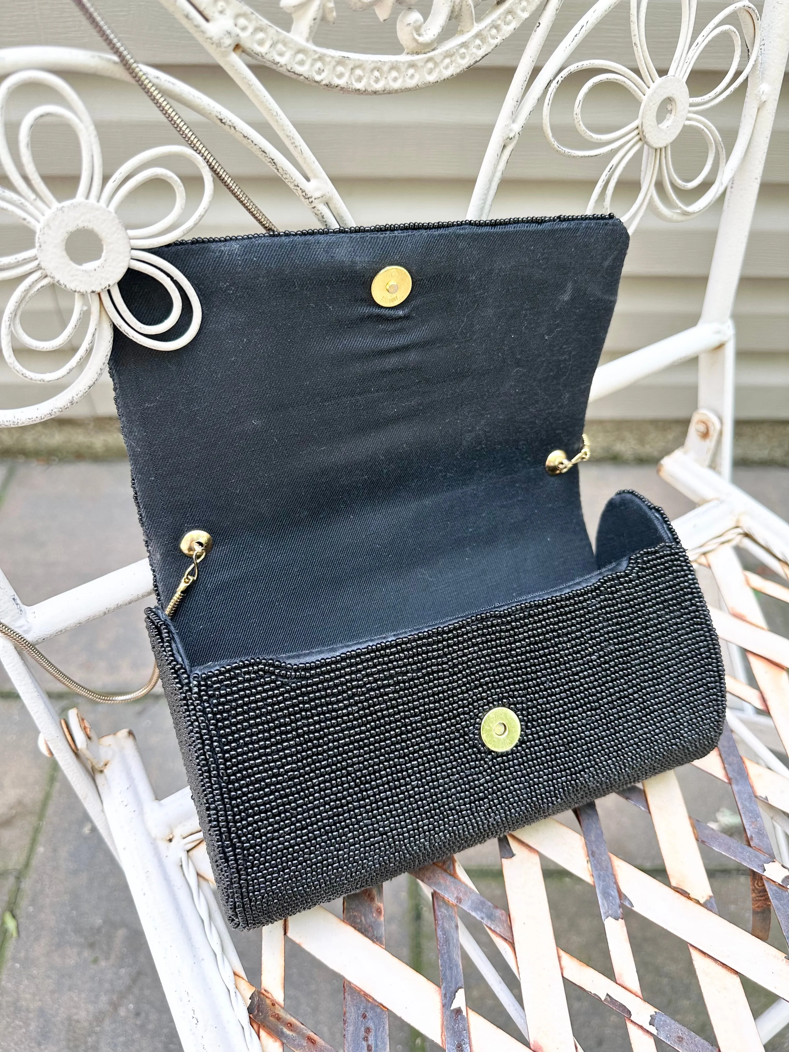 Vintage 1990s Black Beaded Rose Handbag Purse