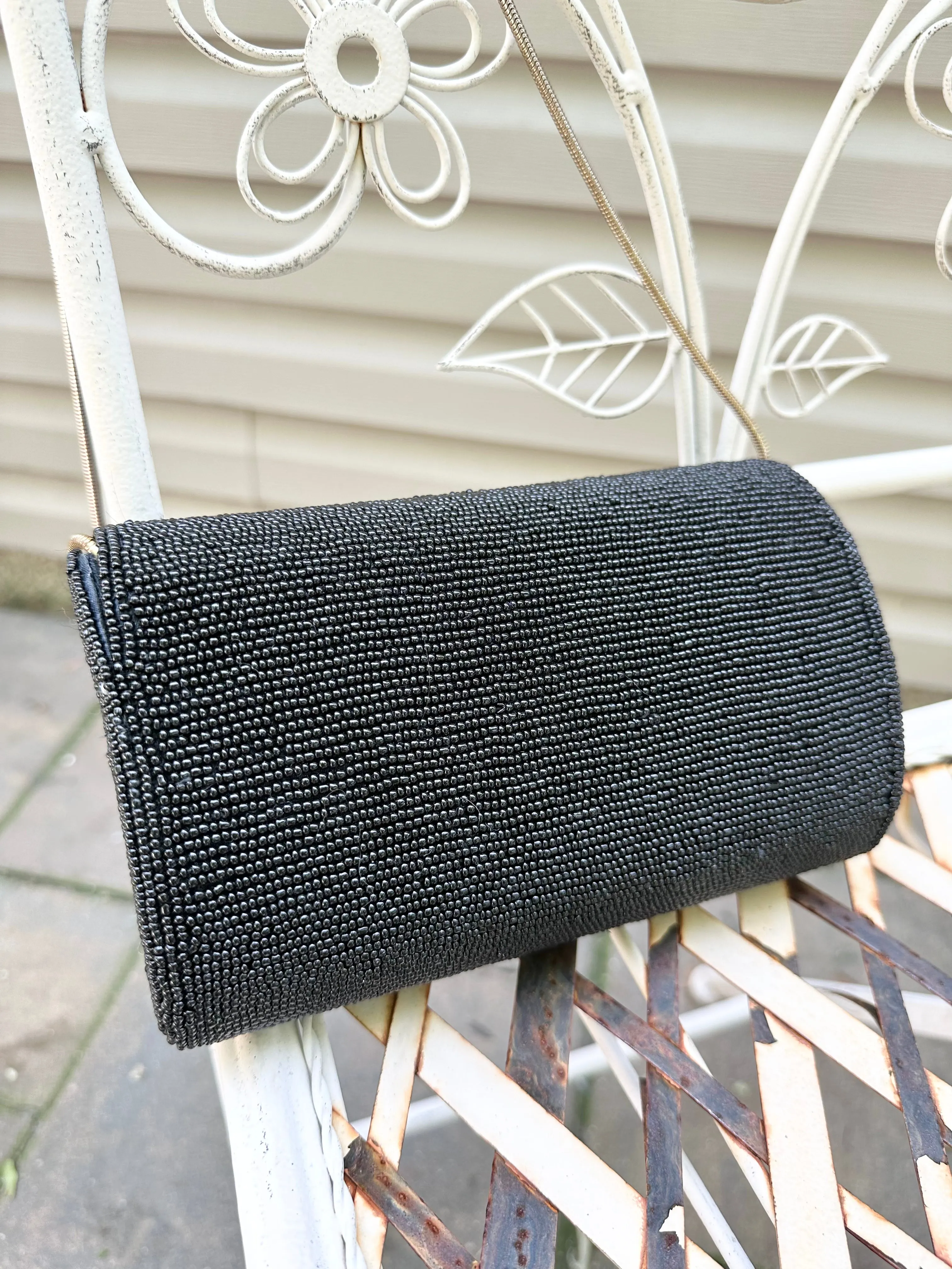 Vintage 1990s Black Beaded Rose Handbag Purse