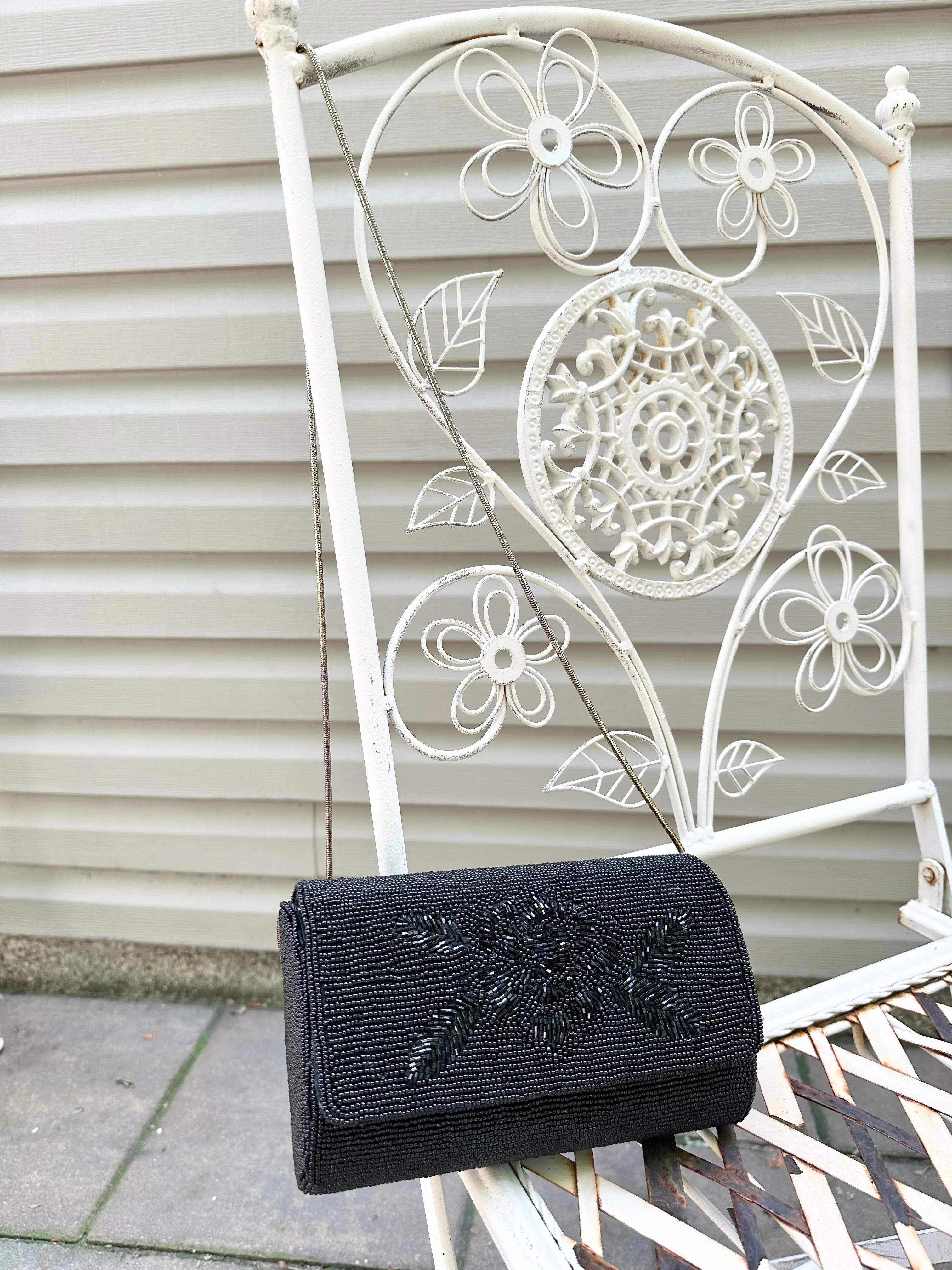 Vintage 1990s Black Beaded Rose Handbag Purse