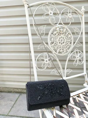 Vintage 1990s Black Beaded Rose Handbag Purse