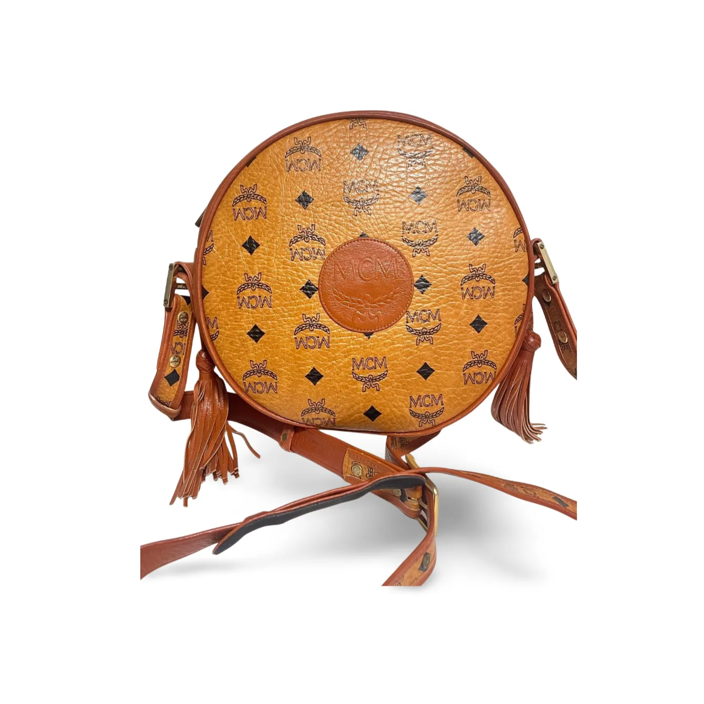 Vintage MCM brown monogram round Suzy Wong shoulder bag with brown leather trimmings. Designed by Michael Cromer. Unisex. 070304ac1