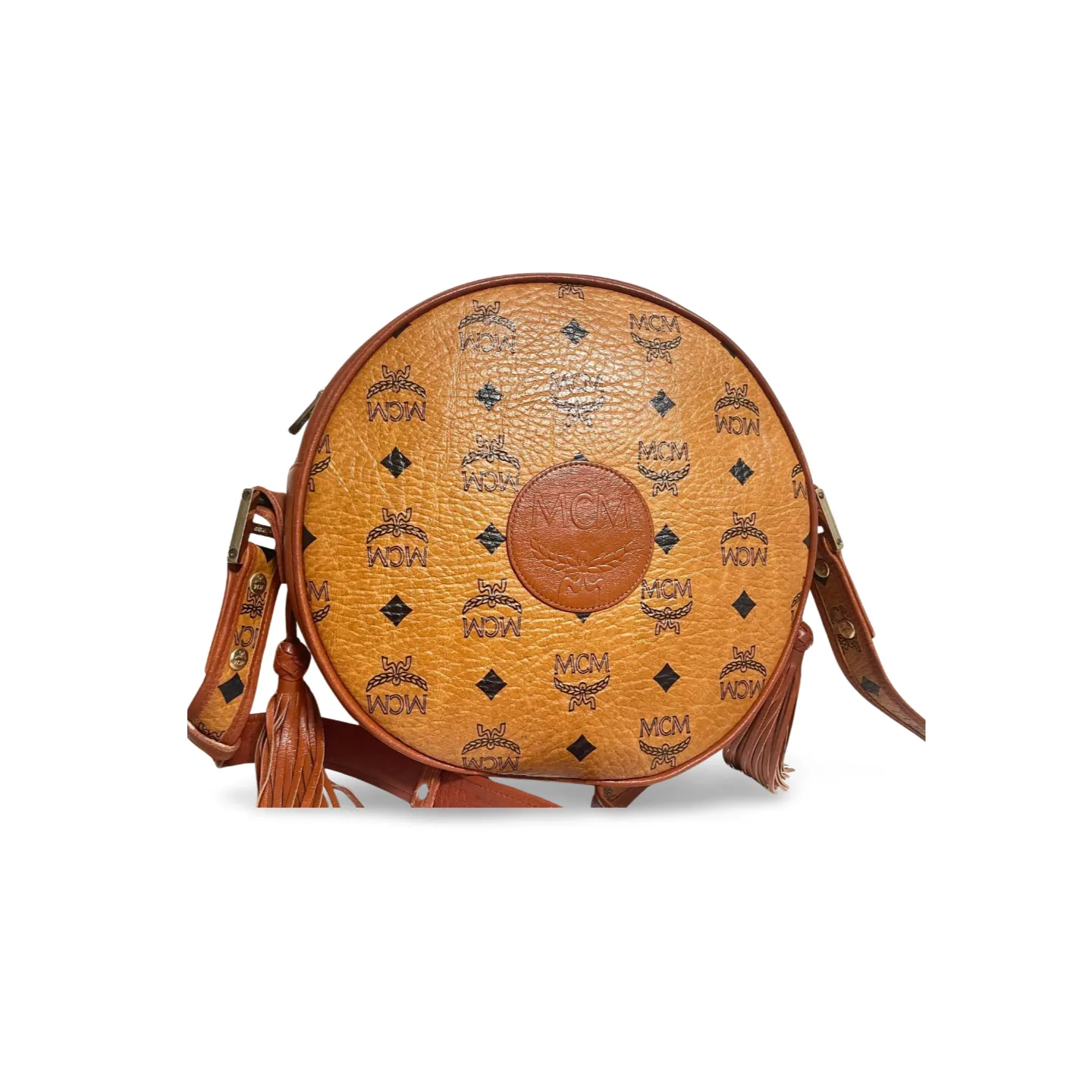 Vintage MCM brown monogram round Suzy Wong shoulder bag with brown leather trimmings. Designed by Michael Cromer. Unisex. 070304ac1