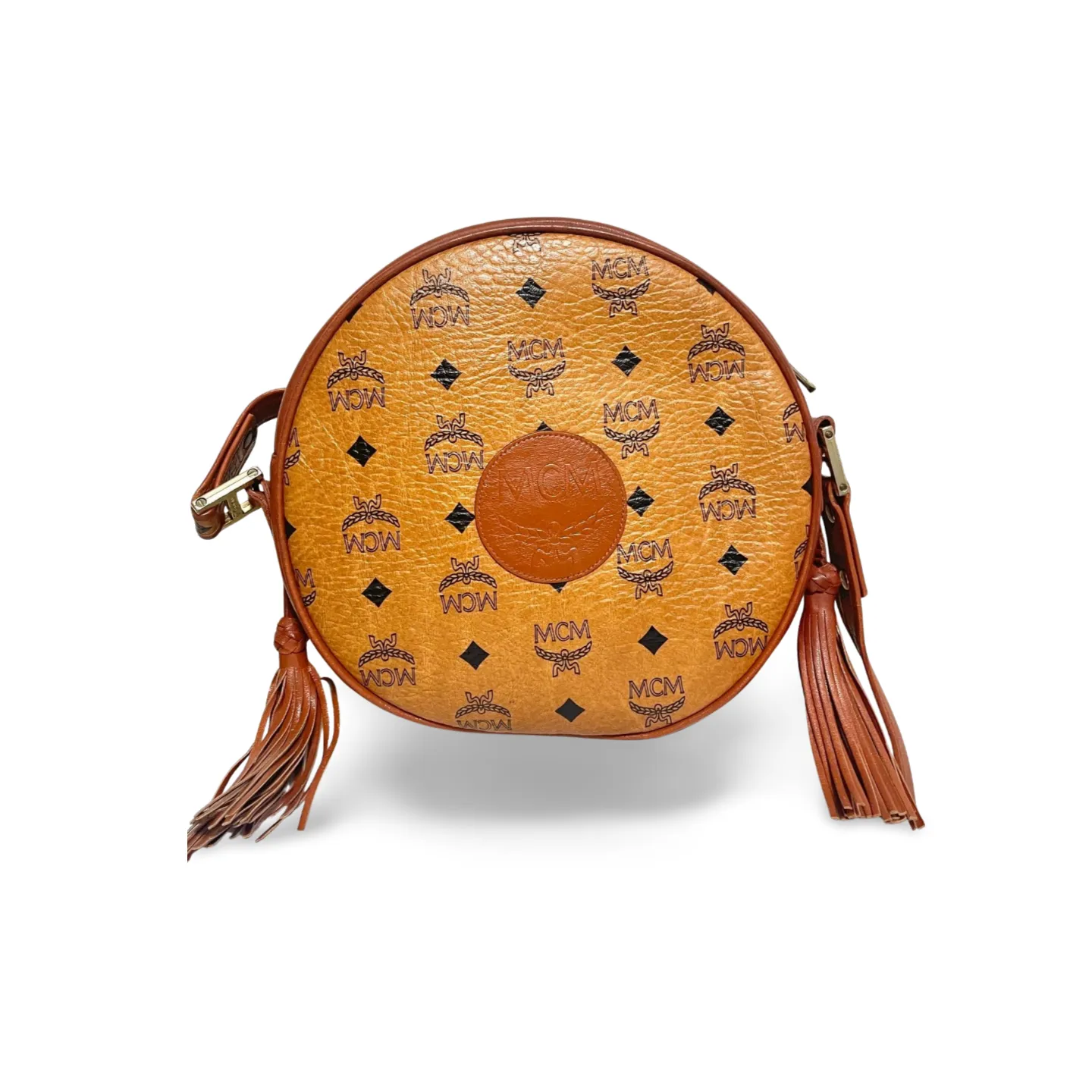 Vintage MCM brown monogram round Suzy Wong shoulder bag with brown leather trimmings. Designed by Michael Cromer. Unisex. 070304ac1