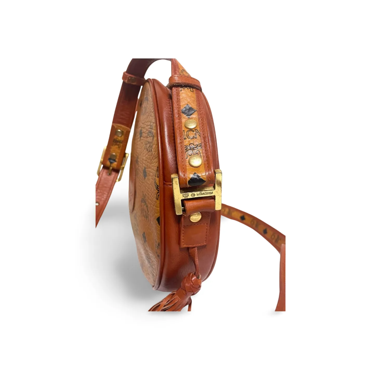 Vintage MCM brown monogram round Suzy Wong shoulder bag with brown leather trimmings. Designed by Michael Cromer. Unisex. 070304ac1