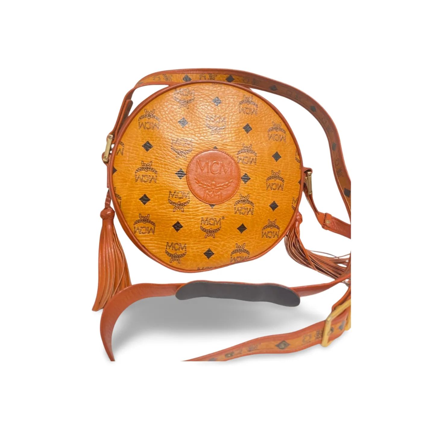 Vintage MCM brown monogram round Suzy Wong shoulder bag with brown leather trimmings. Designed by Michael Cromer. Unisex. 070304ac1