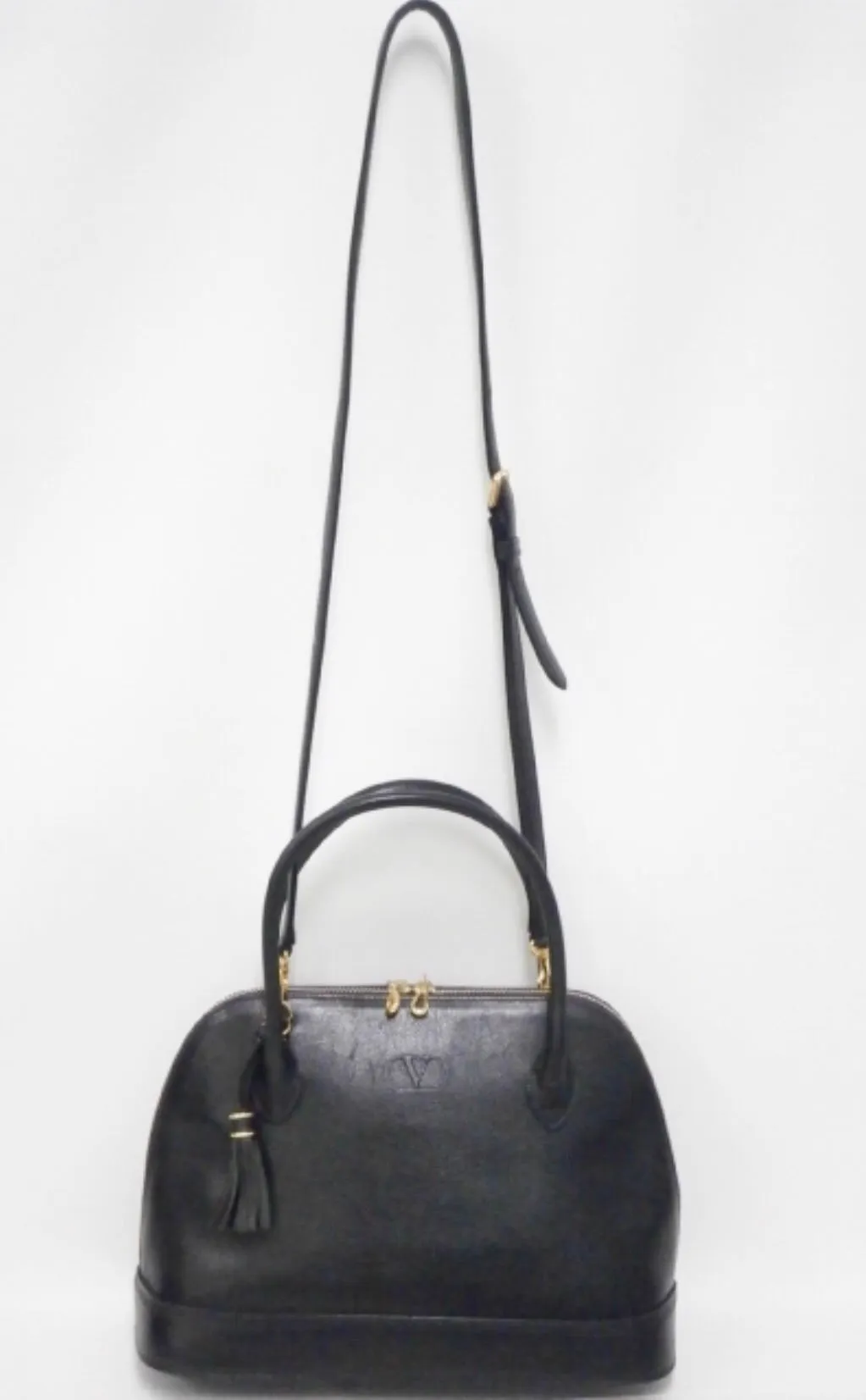 Vintage Valentino Garavani black leather bolide bag with shoulder strap, V logo, a fringe. Classic dialy use purse. 060616r1