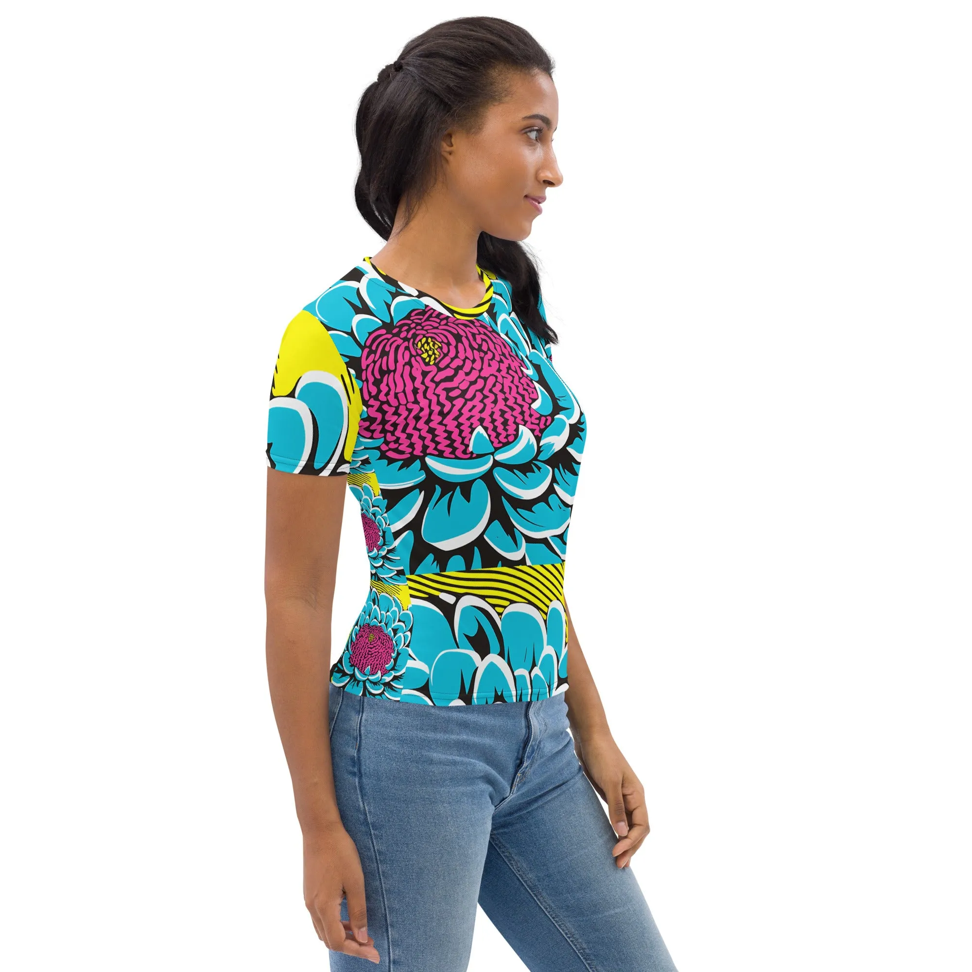 Women's Pop Art BJJ Short Sleeve Rash Guard - Roy Lichtenstein Inspired Dahlia Design 002