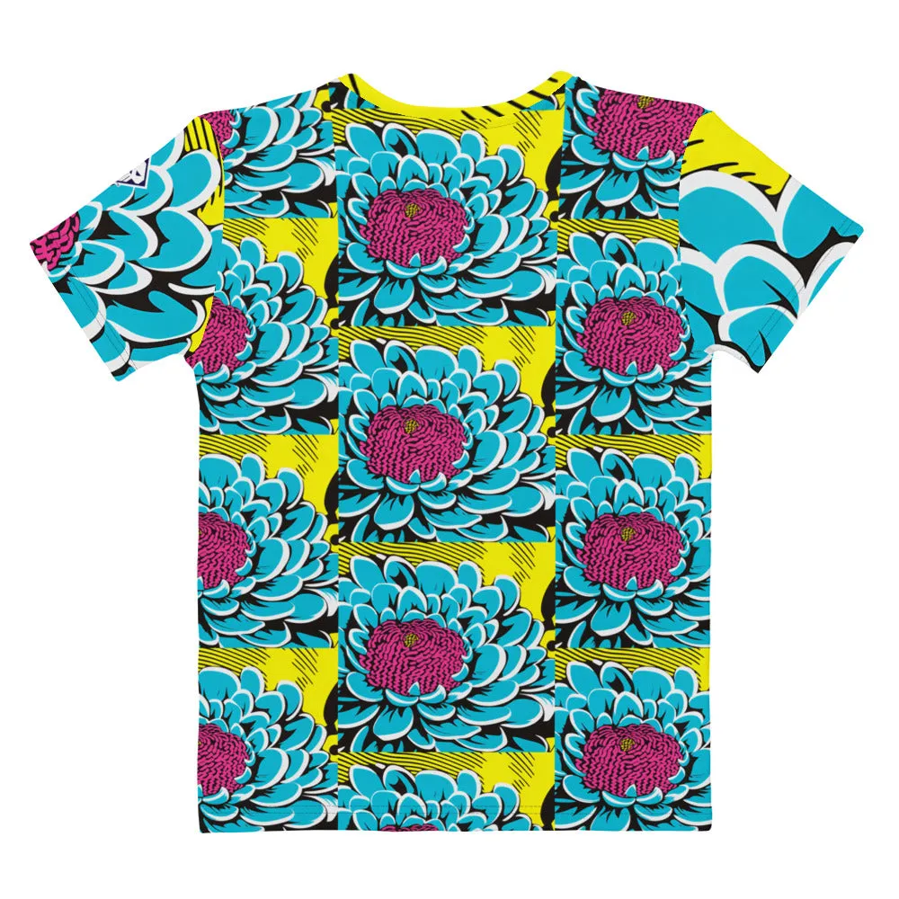Women's Pop Art BJJ Short Sleeve Rash Guard - Roy Lichtenstein Inspired Dahlia Design 002
