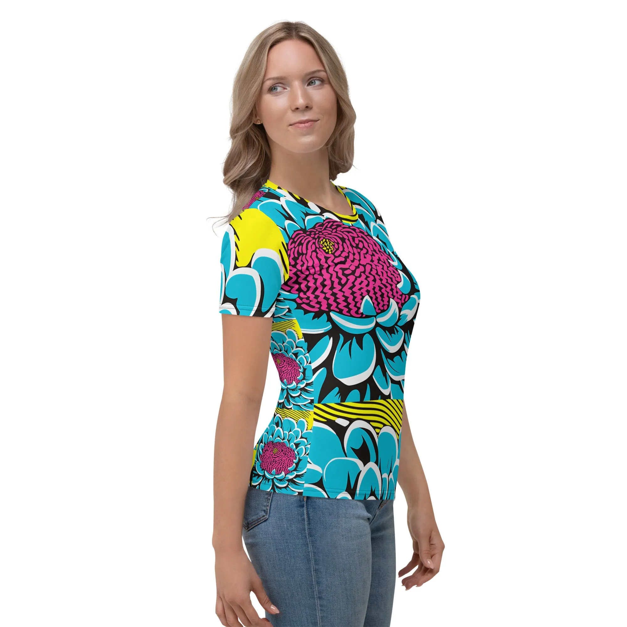 Women's Pop Art BJJ Short Sleeve Rash Guard - Roy Lichtenstein Inspired Dahlia Design 002