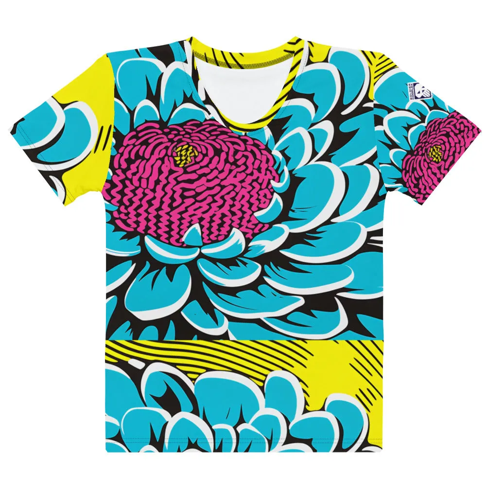 Women's Pop Art BJJ Short Sleeve Rash Guard - Roy Lichtenstein Inspired Dahlia Design 002