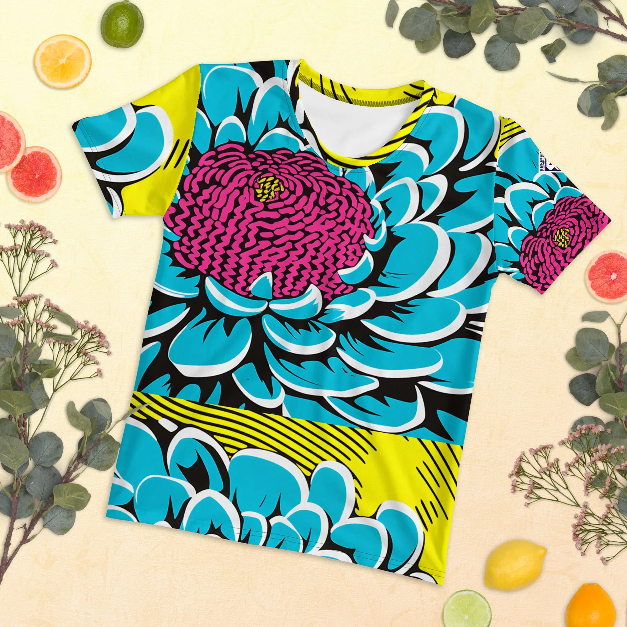 Women's Pop Art BJJ Short Sleeve Rash Guard - Roy Lichtenstein Inspired Dahlia Design 002