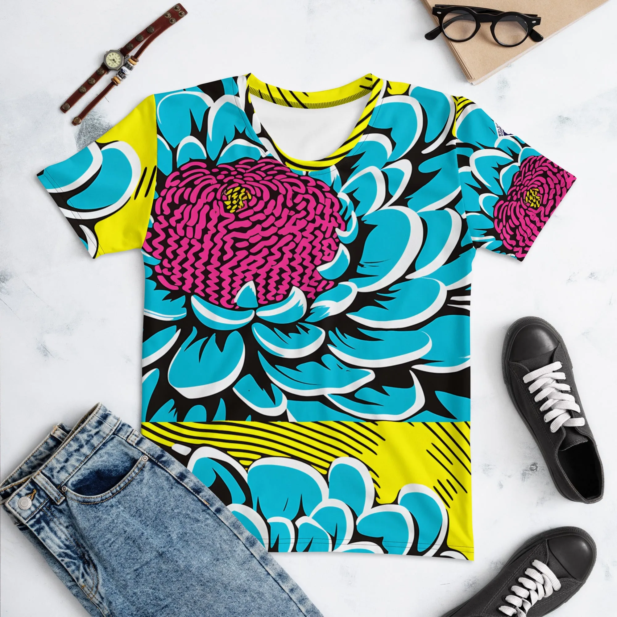 Women's Pop Art BJJ Short Sleeve Rash Guard - Roy Lichtenstein Inspired Dahlia Design 002