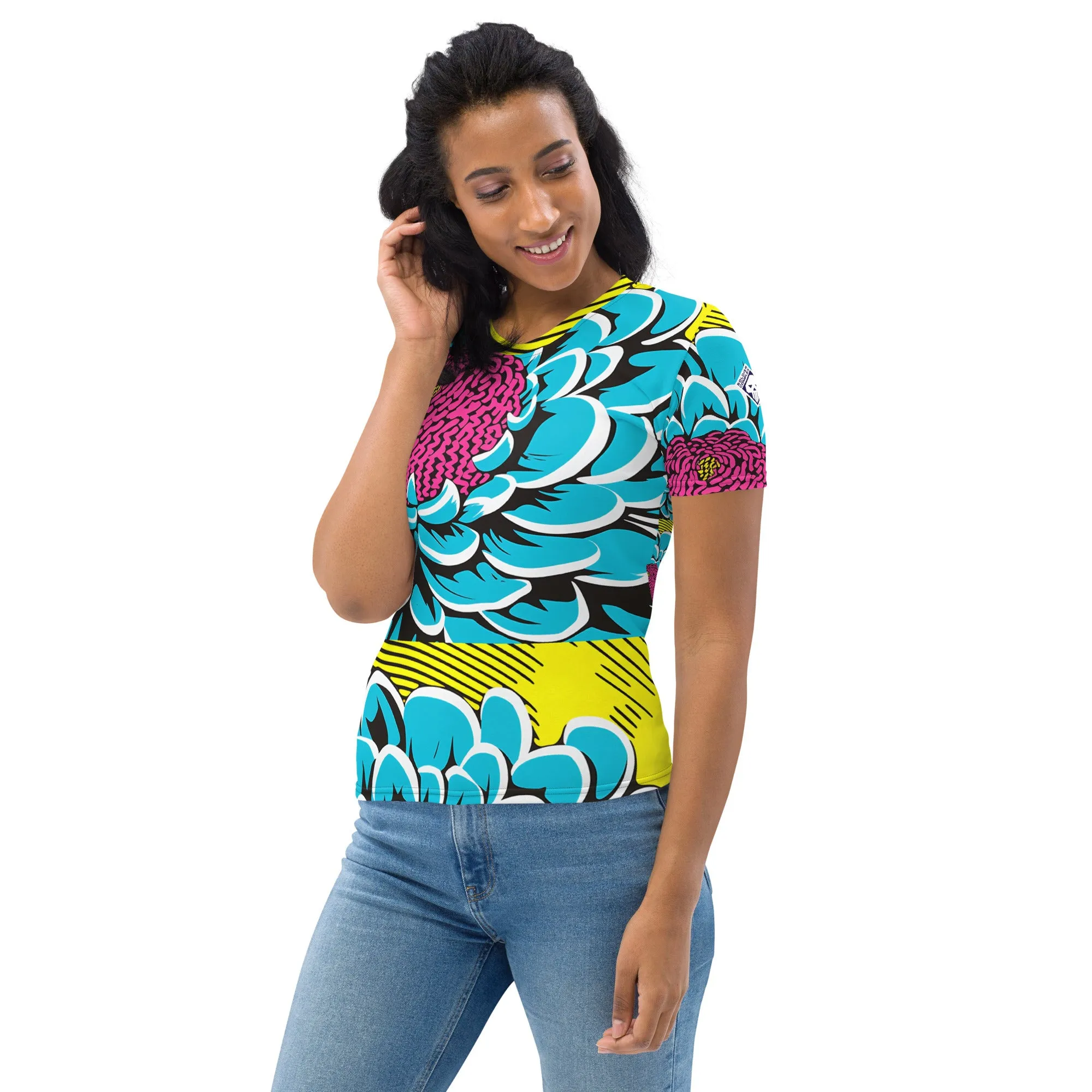 Women's Pop Art BJJ Short Sleeve Rash Guard - Roy Lichtenstein Inspired Dahlia Design 002