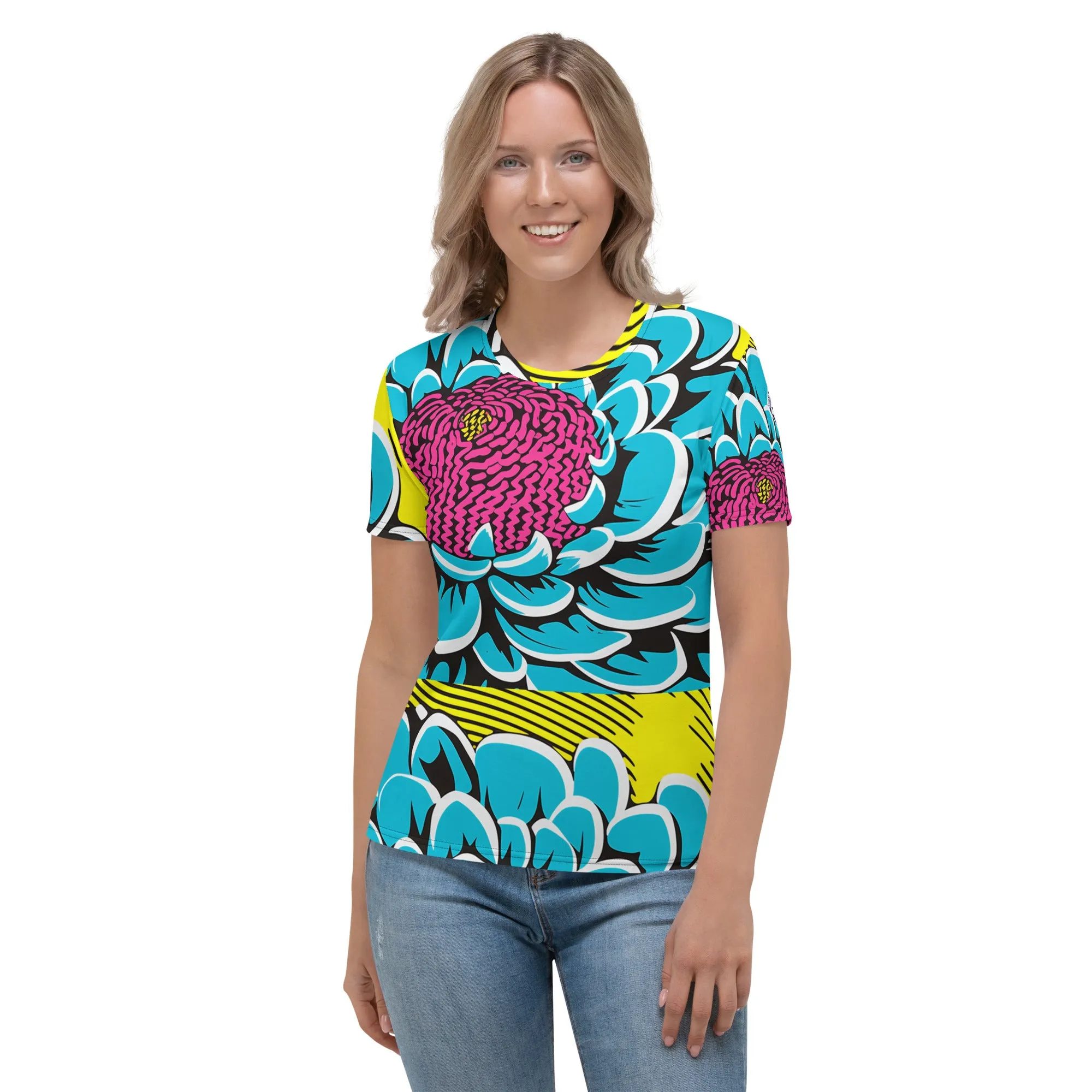 Women's Pop Art BJJ Short Sleeve Rash Guard - Roy Lichtenstein Inspired Dahlia Design 002