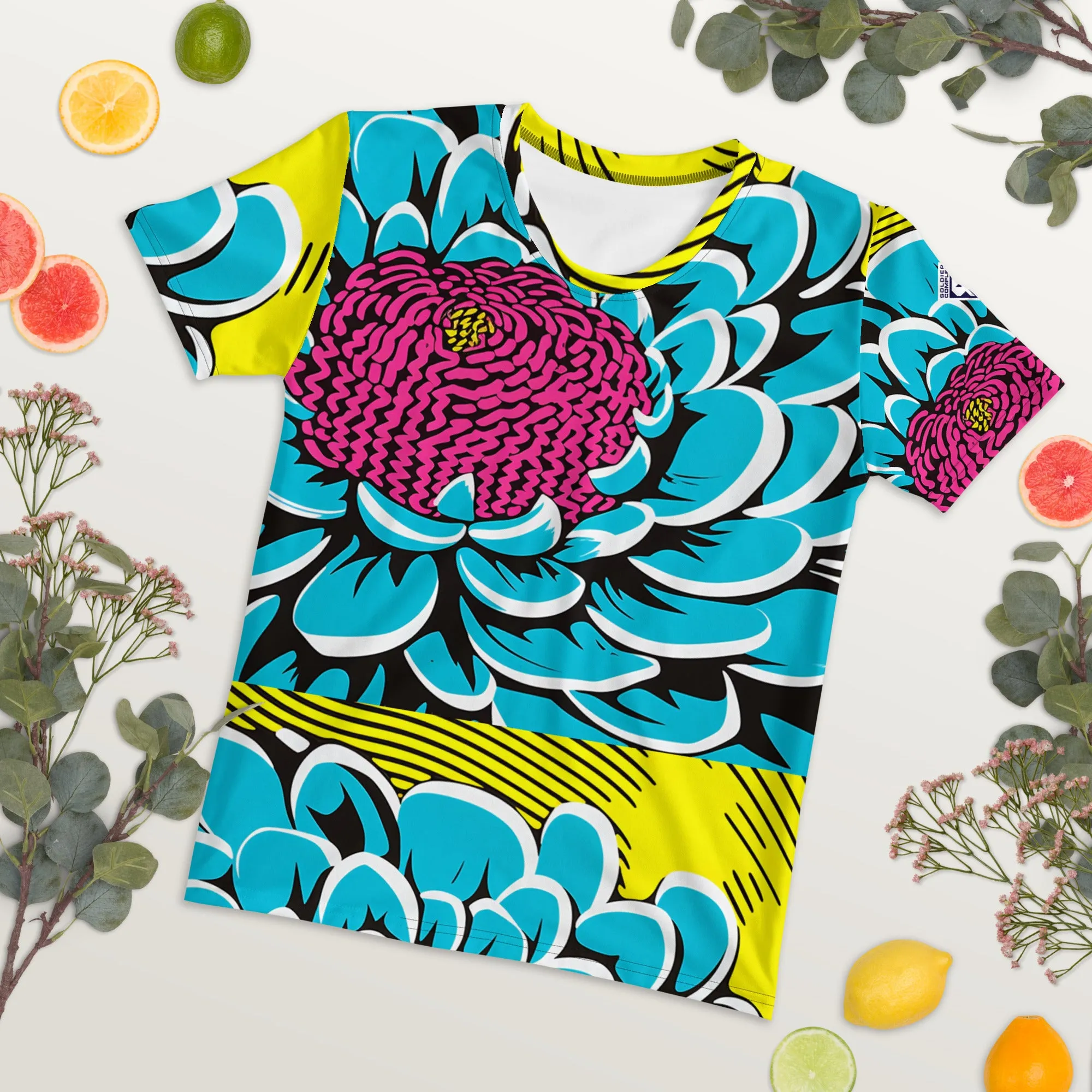 Women's Pop Art BJJ Short Sleeve Rash Guard - Roy Lichtenstein Inspired Dahlia Design 002