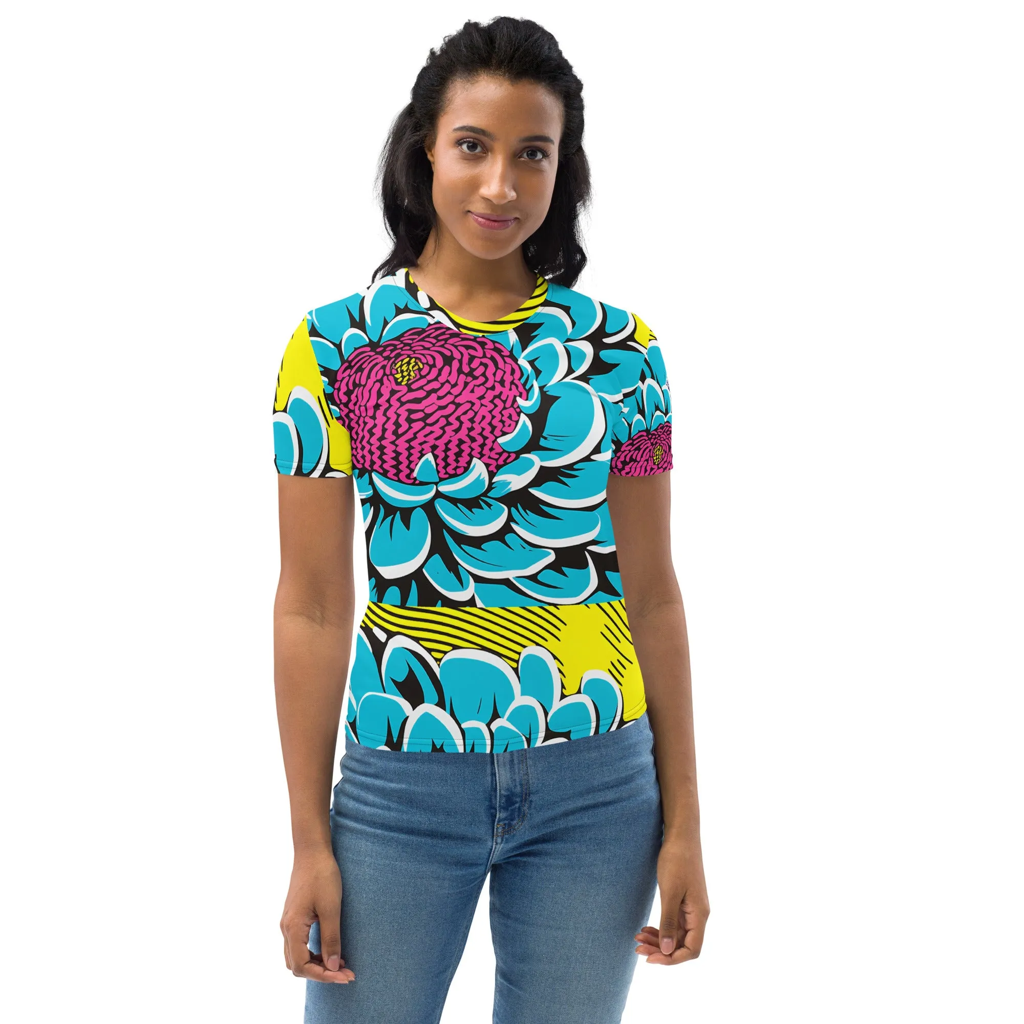 Women's Pop Art BJJ Short Sleeve Rash Guard - Roy Lichtenstein Inspired Dahlia Design 002