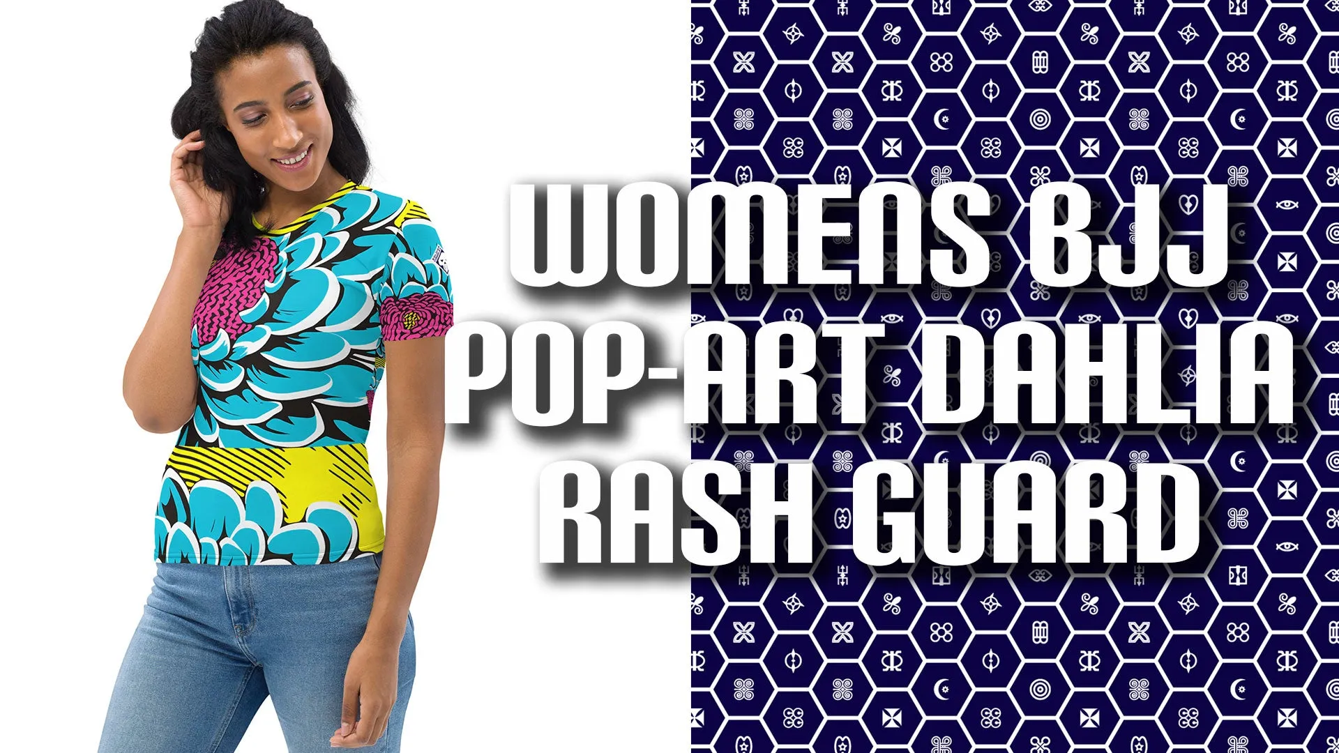 Women's Pop Art BJJ Short Sleeve Rash Guard - Roy Lichtenstein Inspired Dahlia Design 002