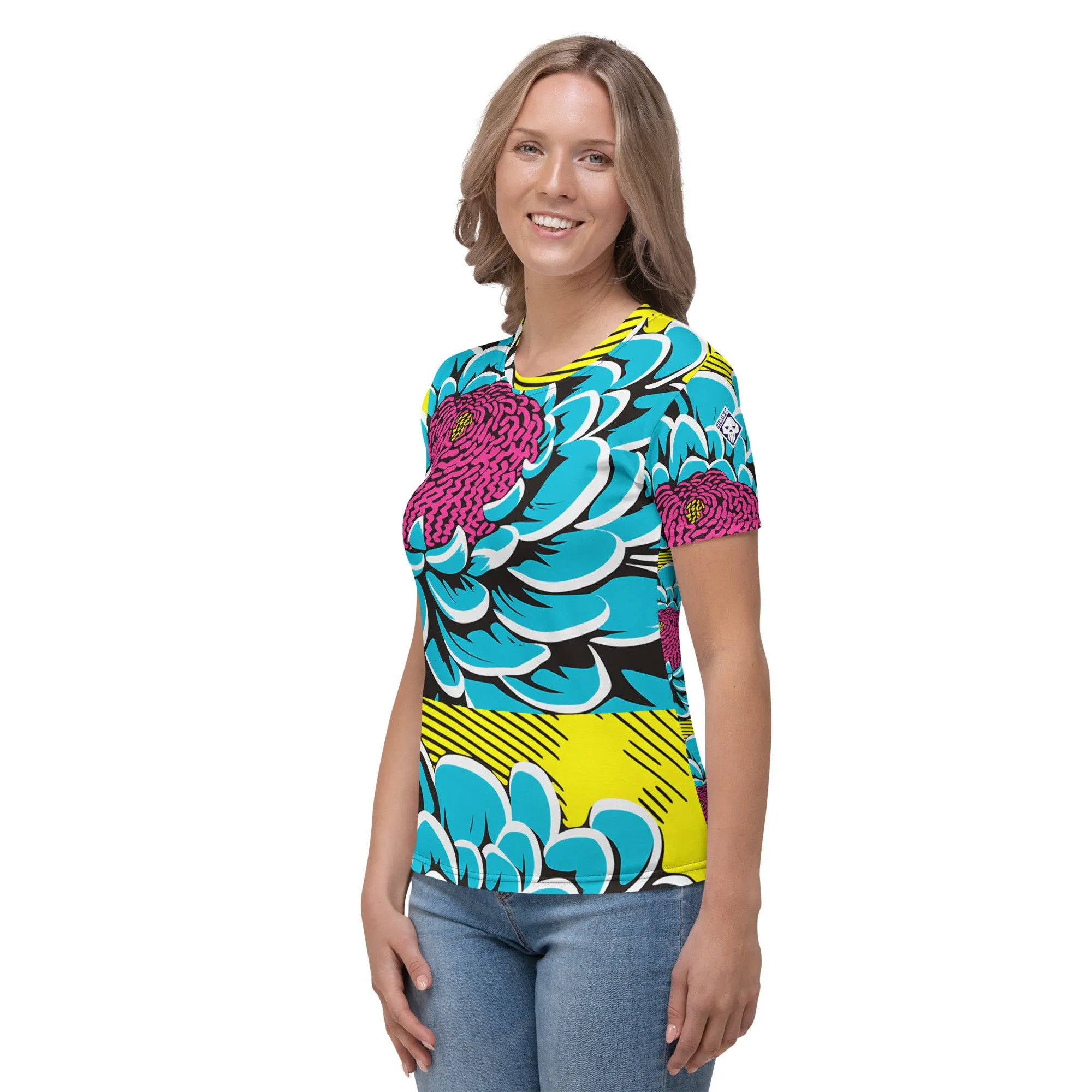 Women's Pop Art BJJ Short Sleeve Rash Guard - Roy Lichtenstein Inspired Dahlia Design 002