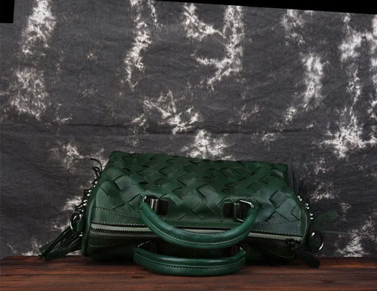 Women's Woven Leather Handbag Purse With Fringe Boho Purses For Women