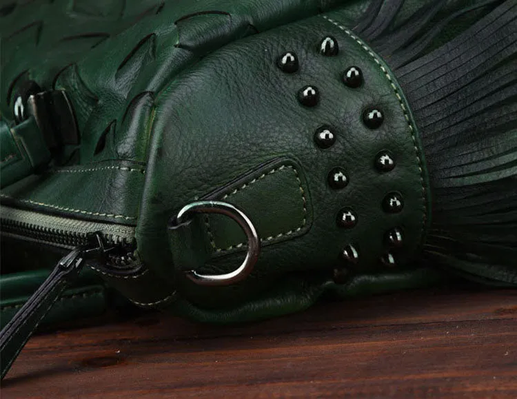 Women's Woven Leather Handbag Purse With Fringe Boho Purses For Women